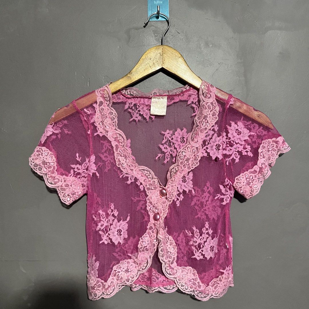 Channel Two Pink lace mesh cardigan (Category: Others Tops) located in Calauan. Submitted by randomthrift.womens (Listing ID 1470624488, Image 1). Description: .