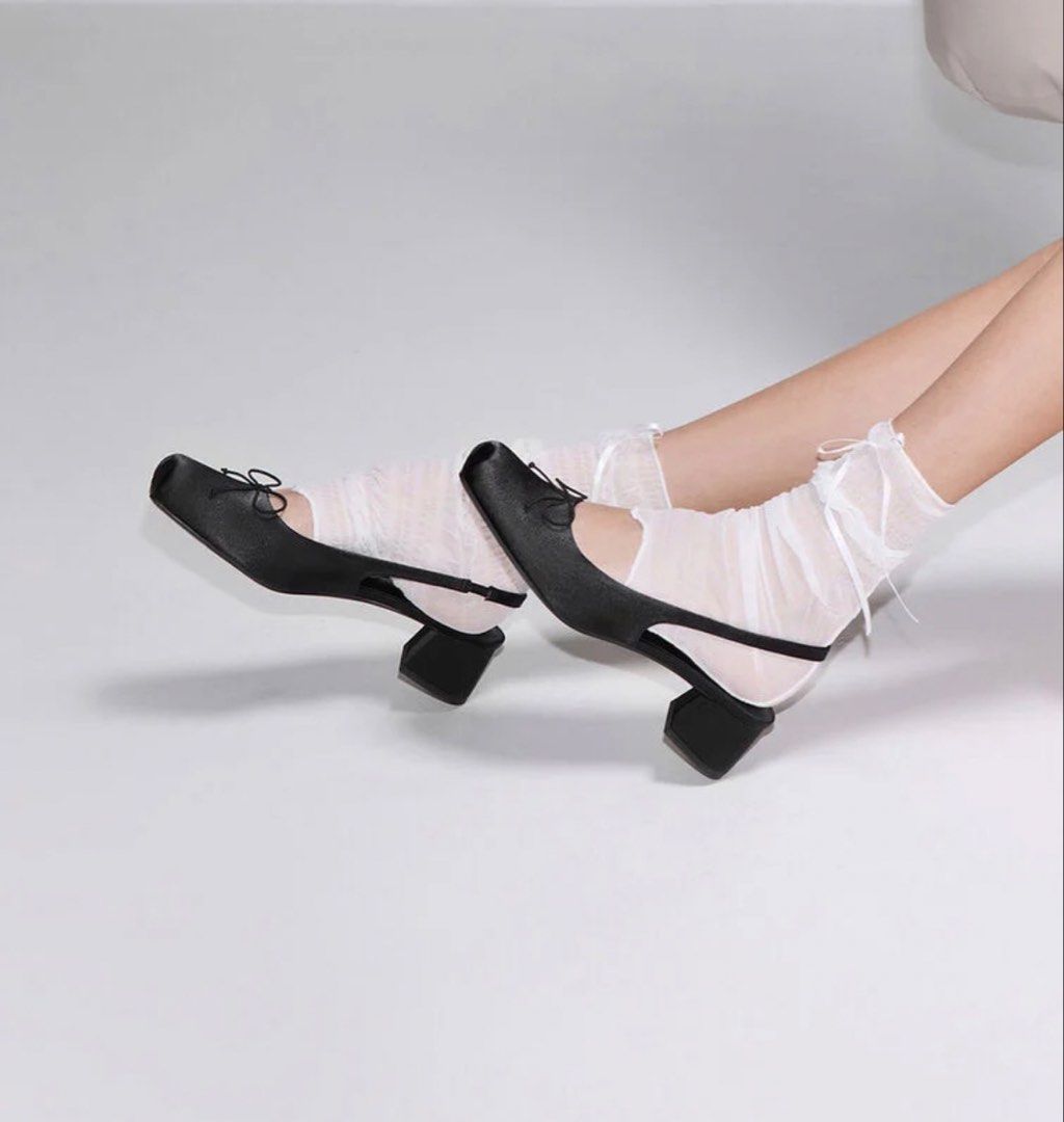 Charles & Keith Slingback S38 (Category: Heels) located in Makati City. Submitted by refind.prelove.finds (Listing ID 1470648807, Image 3). Description: Satin bow square-toe slingback pumps Material: Satin Size: 38 Color: Black With box.