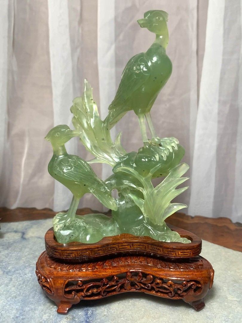Vintage Chinese Stone Carving (Category: Vintage Collectibles) located in Davao. Submitted by antiquesandvintagestuffsPH (Listing ID 1470609415, Image 1). Description: Mid 20th Century Chinese Carved Jade Bird Sculpture on Wooden Stand 8.25” height / 5” length / 3” width.