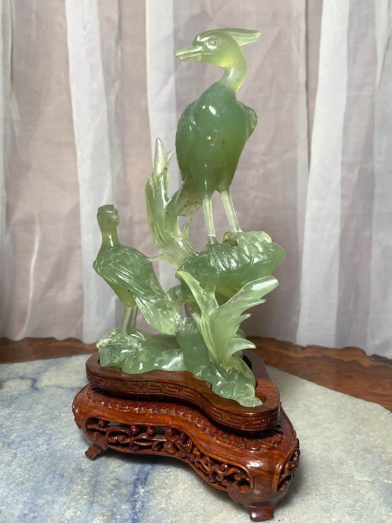 Vintage Chinese Stone Carving (Category: Vintage Collectibles) located in Davao. Submitted by antiquesandvintagestuffsPH (Listing ID 1470609415, Image 2). Description: Mid 20th Century Chinese Carved Jade Bird Sculpture on Wooden Stand 8.25” height / 5” length / 3” width.