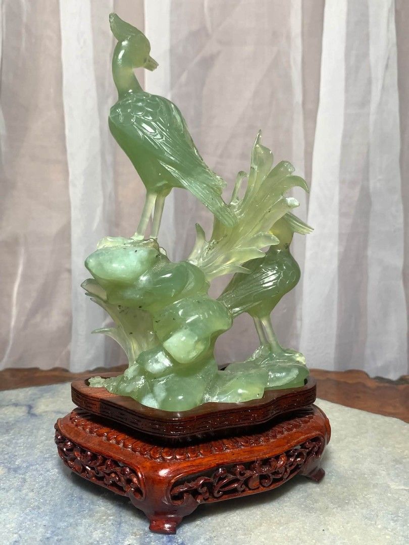 Vintage Chinese Stone Carving (Category: Vintage Collectibles) located in Davao. Submitted by antiquesandvintagestuffsPH (Listing ID 1470609415, Image 3). Description: Mid 20th Century Chinese Carved Jade Bird Sculpture on Wooden Stand 8.25” height / 5” length / 3” width.