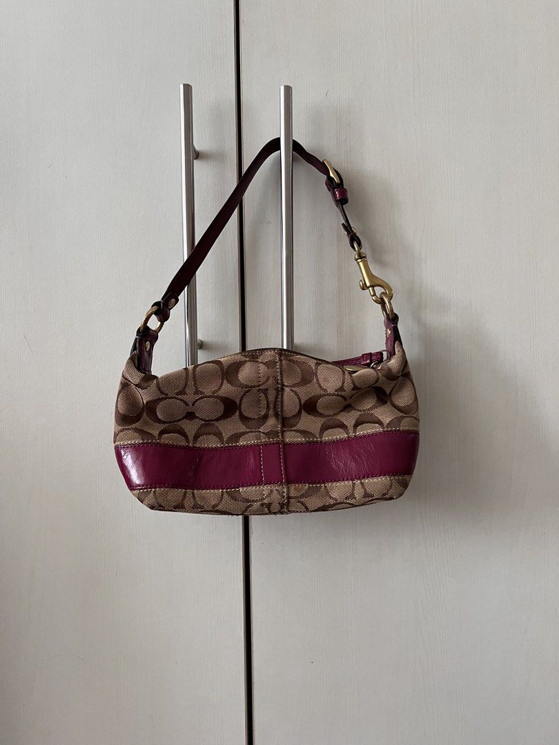Coach Signature C Stripe Shoulder Bag (Category: Luxury Bags & Wallets) located in Quezon City. Submitted by blesshie_ (Listing ID 1470583591, Image 2). Description: - Brand: Coach - Material: Signature C canvas with pink patent leather trim - Hardware: Gold-tone - Closure: Zip top with round Coach medallion pull and clasp strap - Interior: Colorful striped satin lining - Authenticity: Includes leather creed patch with serial number E0868-41642; 