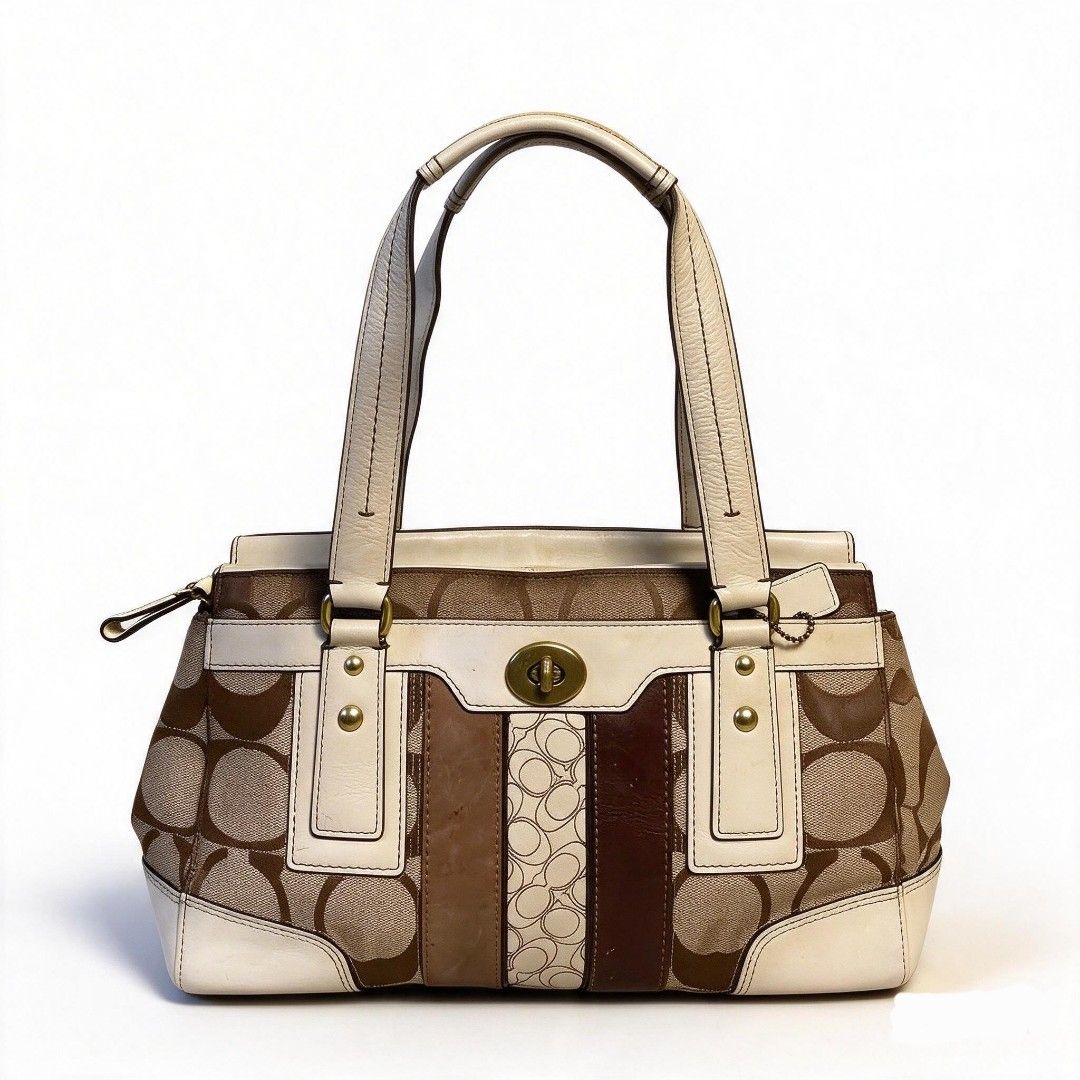 Coach Signature Stripe Patchwork Tote Bag Brown Cream (Category: Luxury Bags & Wallets) located in Manila. Submitted by jialyn03310_tree (Listing ID 1470700795, Image 1). Description: coming soon 😊 - Authentic Coach signature C print with brown, tan, and cream leather panels - Features a classic patchwork design with white leather base corners and straps - Secure front turn-lock closure on the main compartment - Sturdy dual leather top handles f