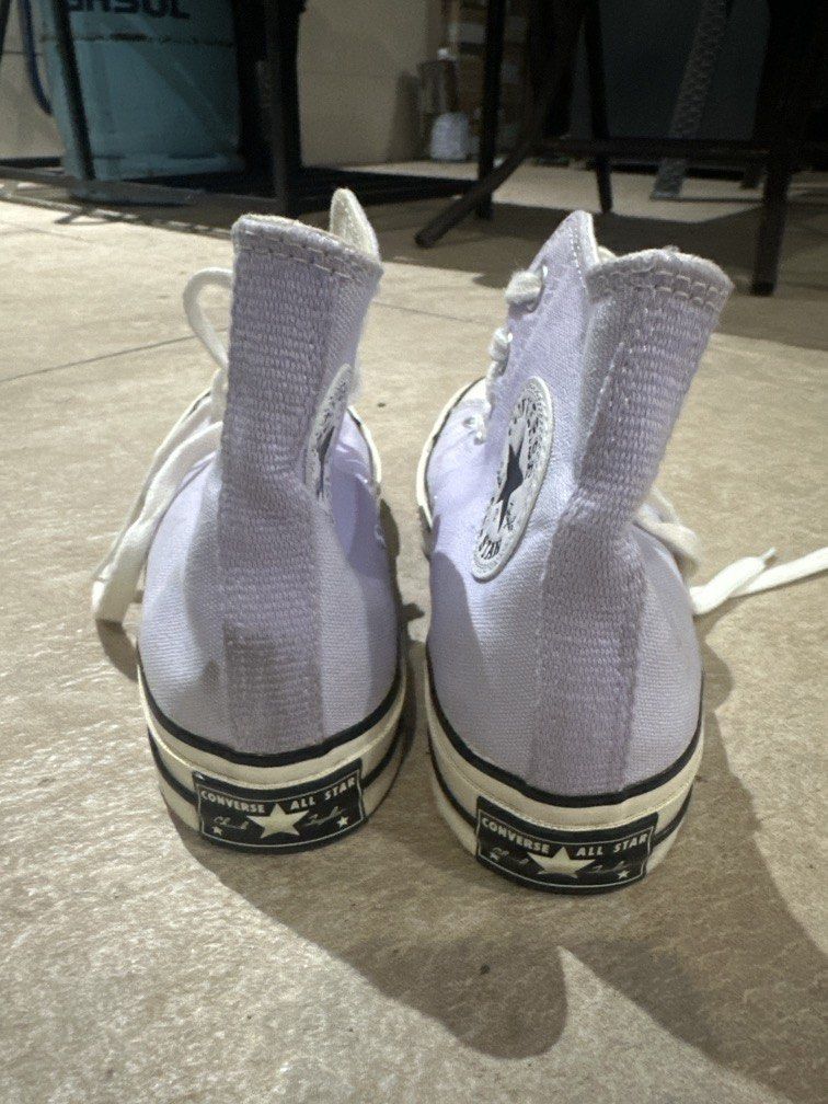 Converse Chuck 70 High in the Moonstone Violet (Category: Sneakers) located in Caloocan City. Submitted by hariel_beverly_onlineshop (Listing ID 1470654426, Image 3). Description: • Model: Converse Chuck 70 High • Colorway: Moonstone Violet / Lilac with Egret (off-white) rubber midsoles • Details: Heavyweight canvas upper, vintage glossy rubber foxing tape, cushioned OrthoLite insole, and the classic black-and-white Chuck Taylor ankle patch..