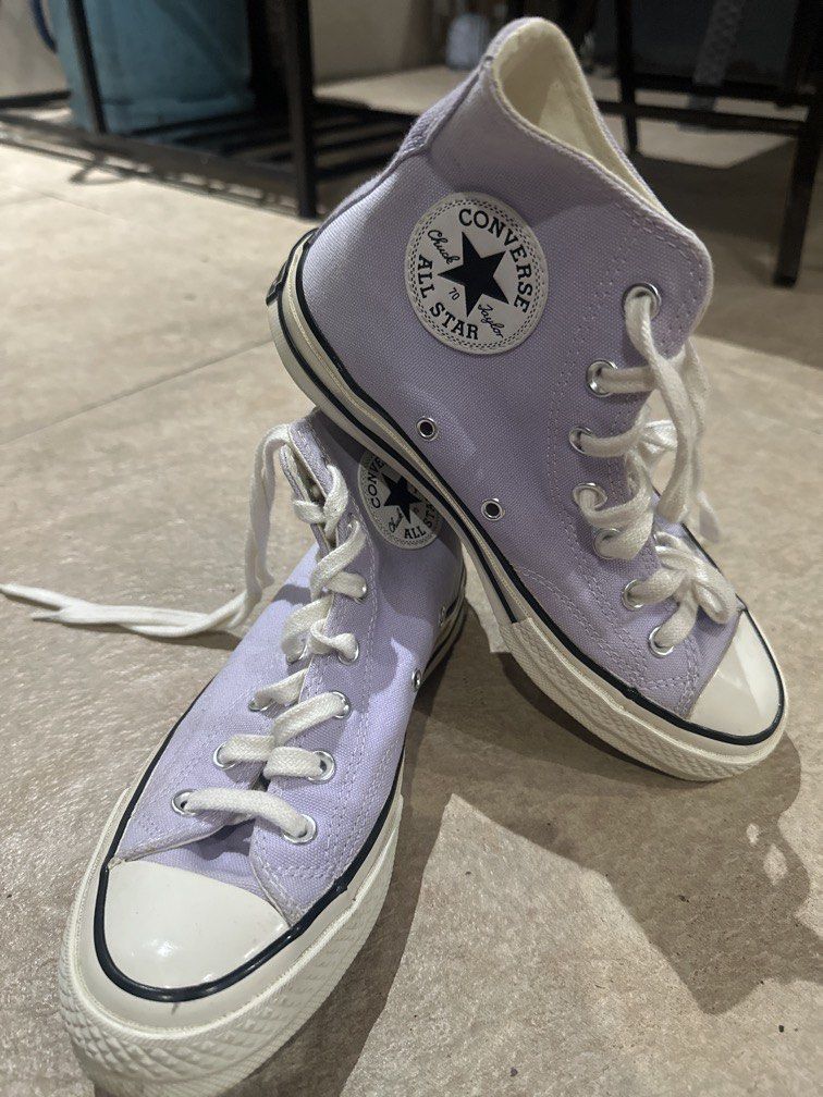 Converse Chuck 70 High in the Moonstone Violet (Category: Sneakers) located in Caloocan City. Submitted by hariel_beverly_onlineshop (Listing ID 1470654426, Image 1). Description: • Model: Converse Chuck 70 High • Colorway: Moonstone Violet / Lilac with Egret (off-white) rubber midsoles • Details: Heavyweight canvas upper, vintage glossy rubber foxing tape, cushioned OrthoLite insole, and the classic black-and-white Chuck Taylor ankle patch..