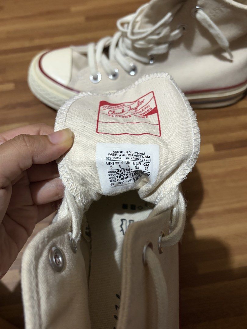 Converse Chuck 70 High Top Parchment White (Category: Sneakers) located in Antipolo. Submitted by calmye (Listing ID 1470684843, Image 3). Description: - Brand: Converse - Model: Chuck 70 High Top - Color: Parchment (Off-White) - Size: US Men's 3 / Women's 5 / UK 3 / EUR 35 / 22 cm - Never been used, but sat in the box since purchase. - Mode of Payment: GCash, Maribank, or Bank Transfer - Shipping: Via J&T or Same-Day Delivery (Lalamove/Grab) wit