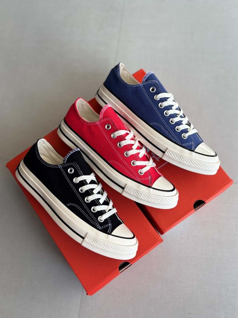 Converse Chuck 70 Low Top Canvas Sneakers (Category: Casual Shoes) located in Manila. Submitted by solefly_mnl.26 (Listing ID 1470624535, Image 1). Description: converse low 70’s BLUE/RED/BLACK bnew 1499+sf available sz 40 to 45 mens actual pic posted!!! onhand ready to lalamove/ship via jrs novaliches qc area dm us for orders📩 fb page: solefly mnl v2.