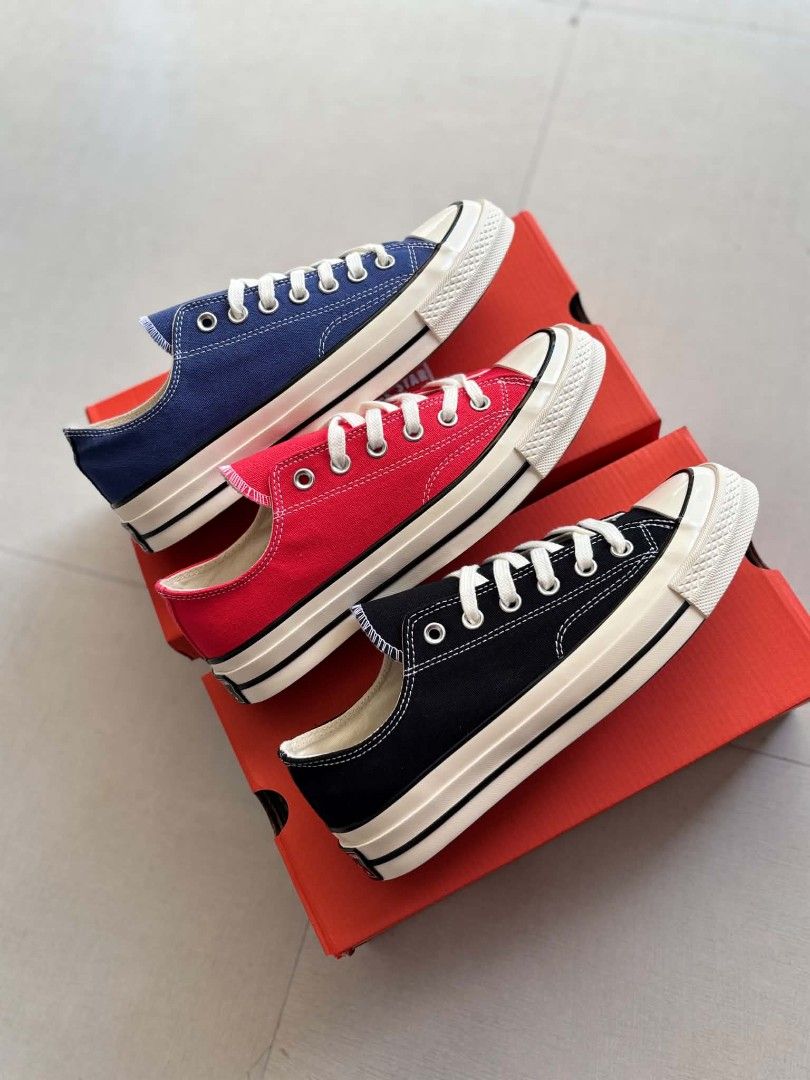 Converse Chuck 70 Low Top Canvas Sneakers (Category: Casual Shoes) located in Manila. Submitted by solefly_mnl.26 (Listing ID 1470624535, Image 2). Description: converse low 70’s BLUE/RED/BLACK bnew 1499+sf available sz 40 to 45 mens actual pic posted!!! onhand ready to lalamove/ship via jrs novaliches qc area dm us for orders📩 fb page: solefly mnl v2.