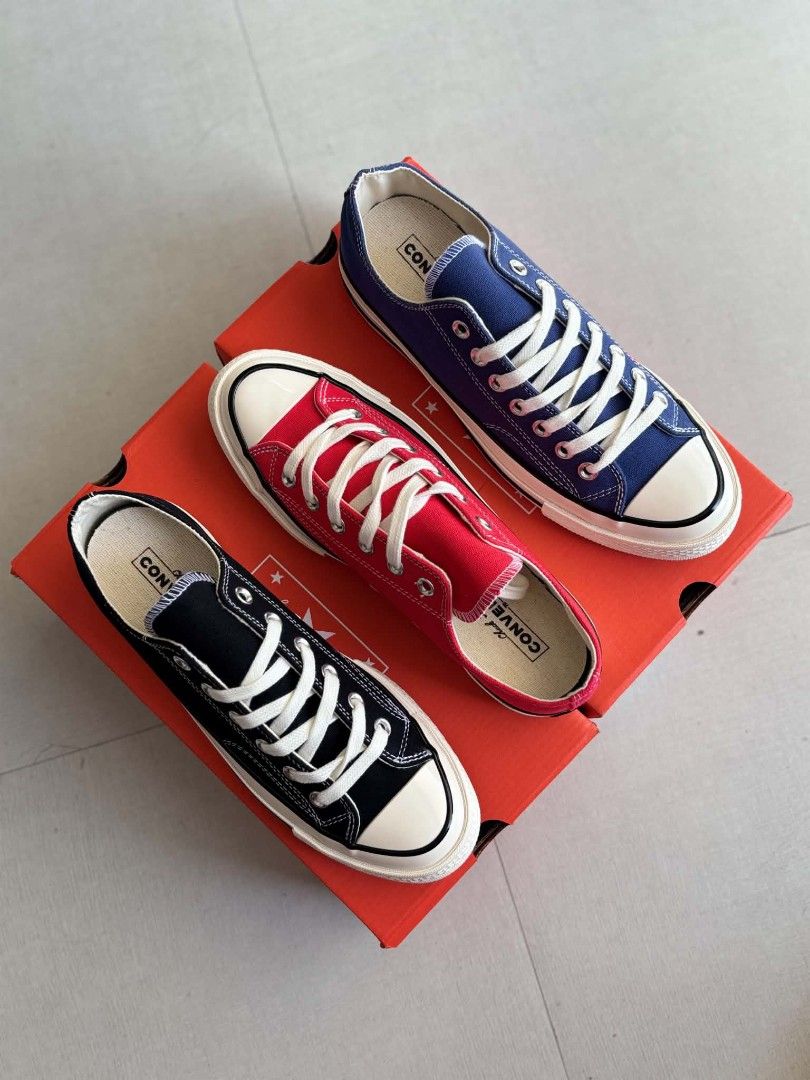 Converse Chuck 70 Low Top Canvas Sneakers (Category: Casual Shoes) located in Manila. Submitted by solefly_mnl.26 (Listing ID 1470624535, Image 3). Description: converse low 70’s BLUE/RED/BLACK bnew 1499+sf available sz 40 to 45 mens actual pic posted!!! onhand ready to lalamove/ship via jrs novaliches qc area dm us for orders📩 fb page: solefly mnl v2.
