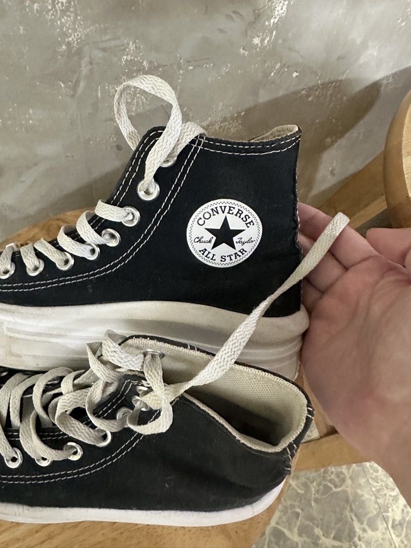 Converse Chuck Taylor All Star Black Platform High Top (Category: Sneakers) located in Cavite. Submitted by bordered (Listing ID 1470736269, Image 1). Description: Rfs: Decluttering Out grown by my Daughter Needs cleaning - Black canvas high top platform sneakers - Classic white rubber toe caps, platform soles, and white laces with metal eyelets - Customization: Letter beads spelling "KIM" and "SUNOO" threaded on the laces - Condition: Normal sig