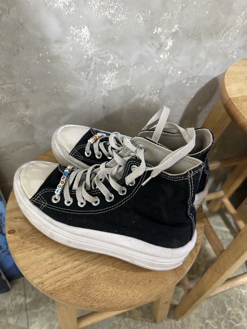 Converse Chuck Taylor All Star Black Platform High Top (Category: Sneakers) located in Cavite. Submitted by bordered (Listing ID 1470736269, Image 2). Description: Rfs: Decluttering Out grown by my Daughter Needs cleaning - Black canvas high top platform sneakers - Classic white rubber toe caps, platform soles, and white laces with metal eyelets - Customization: Letter beads spelling "KIM" and "SUNOO" threaded on the laces - Condition: Normal sig