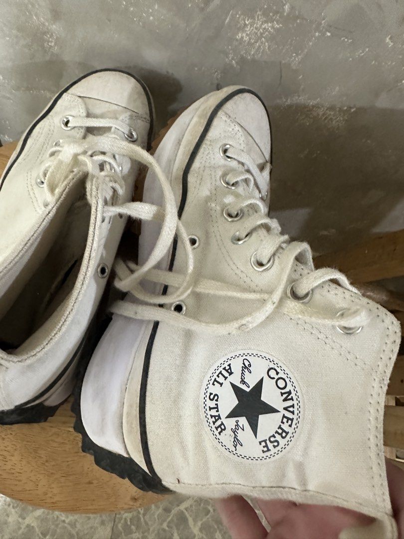 Converse Run Star Hike High Top White (Category: Sneakers) located in Cavite. Submitted by bordered (Listing ID 1470736113, Image 3). Description: Rfs: Decluttering Needs Cleaning (good condition) - Converse - Run Star Hike Platform High Top - Off-white canvas - EUR 38 / UK 5 / US Men 5.5 / US Women 7 - Condition: Normal wear on canvas and midsoles; plenty of grip left on the lugged rubber soles - Features: Iconic platform style, classic Chuck Ta