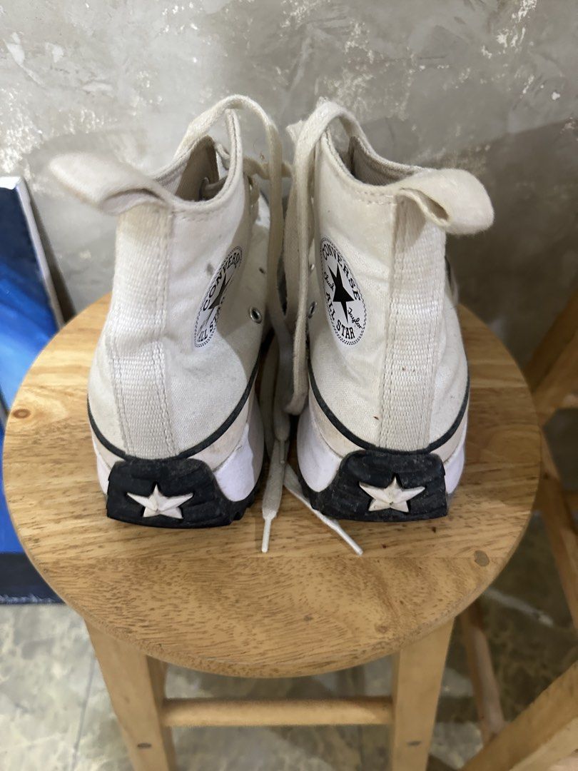 Converse Run Star Hike High Top White (Category: Sneakers) located in Cavite. Submitted by bordered (Listing ID 1470736113, Image 2). Description: Rfs: Decluttering Needs Cleaning (good condition) - Converse - Run Star Hike Platform High Top - Off-white canvas - EUR 38 / UK 5 / US Men 5.5 / US Women 7 - Condition: Normal wear on canvas and midsoles; plenty of grip left on the lugged rubber soles - Features: Iconic platform style, classic Chuck Ta