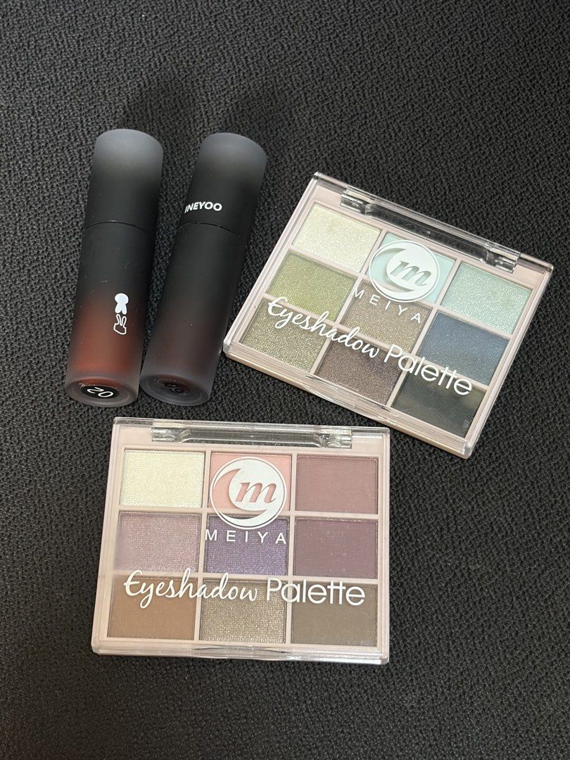 cool tone eyeshadow & lip tint makeup set (Category: Makeup) located in Manila. Submitted by bbygirly (Listing ID 1470614617, Image 2). Description: 🩶 Meiya eyeshadow mettalic powder palette (blues green & purple pink shades) - purchased nov 2025 - used the white glitter pan lang 🖤 Ineyoo lip velvet waterproof tint shade 02 & 09 (dark purple black & dark red) - purchased nov 2025 - used twice lang both barely used. please manage your expectatio