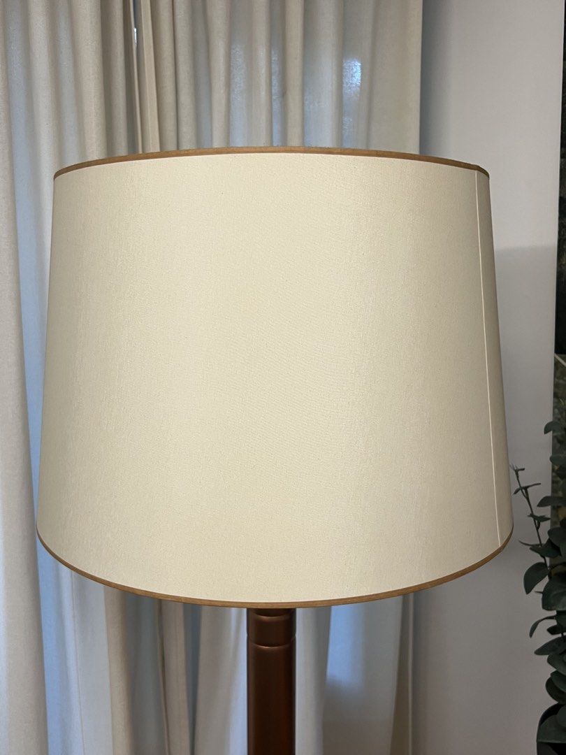 Copper floor lamp with beige drum shade and double pull chains (Category: Lighting) located in Manila. Submitted by pearlt455 (Listing ID 1470562267, Image 2). Description: Metallic copper finish tall floor lamp Condition: Used-Good Lamp Post: Height: 65.5in. Beige Drum Shade: Height: 15in., Diameter: 19in. - Wide beige fabric drum shade included - Dual bulb sockets with individual pull chains - Fully working condition with LED light bulbs includ