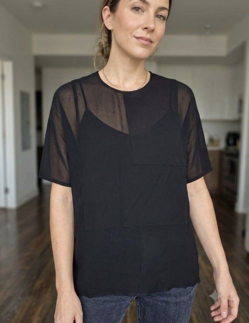 COS Black Sheer Blouse (Category: Blouses) located in Santa Cruz. Submitted by deenem (Listing ID 1470610234, Image 1). Description: Like New😍👌 No flaws👌 Size 36 on Tag Can fit S-M Asian (Measurements laid flat in inches) Bust:20 Lenght: 27.