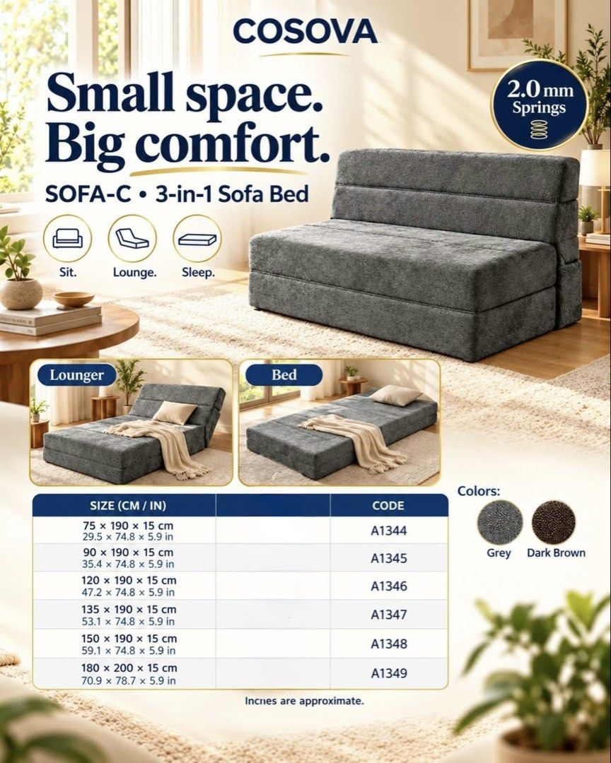 Cosova SOFA-C 3-in-1 Sofa Bed Convertible Space Saver (Category: Sofas) located in Manila. Submitted by kisshadg23 (Listing ID 1470707706, Image 1). Description: - 3-in-1 Design: Easily converts between a sofa, lounger, and bed - Enhanced Comfort: Built with 2.0mm springs inside for extra support - Space-Saving: Perfect for condo units, small living spaces, or guest rooms - Color Options: Available in stylish grey and dark brown - Size Variety: M