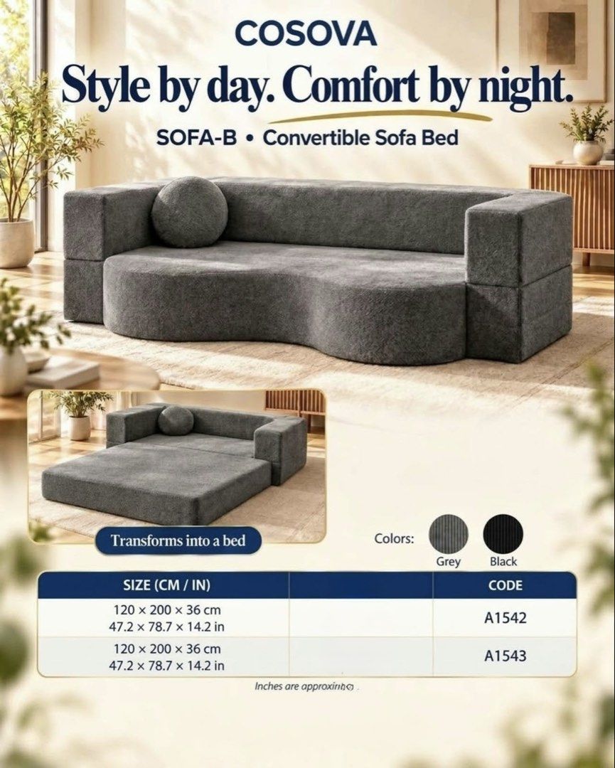 Cosova SOFA-C 3-in-1 Sofa Bed Convertible Space Saver (Category: Sofas) located in Manila. Submitted by kisshadg23 (Listing ID 1470707706, Image 3). Description: - 3-in-1 Design: Easily converts between a sofa, lounger, and bed - Enhanced Comfort: Built with 2.0mm springs inside for extra support - Space-Saving: Perfect for condo units, small living spaces, or guest rooms - Color Options: Available in stylish grey and dark brown - Size Variety: M