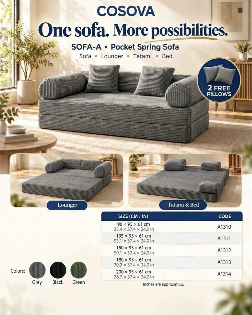 Cosova SOFA-C 3-in-1 Sofa Bed Convertible Space Saver (Category: Sofas) located in Manila. Submitted by kisshadg23 (Listing ID 1470707706, Image 2). Description: - 3-in-1 Design: Easily converts between a sofa, lounger, and bed - Enhanced Comfort: Built with 2.0mm springs inside for extra support - Space-Saving: Perfect for condo units, small living spaces, or guest rooms - Color Options: Available in stylish grey and dark brown - Size Variety: M
