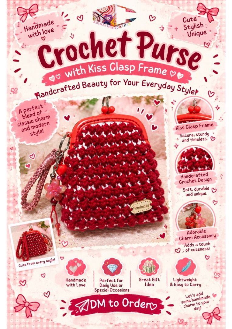 Crochet Purse (Category: Handmade Craft) located in Caloocan City. Submitted by xcrafts (Listing ID 1470557511, Image 1). Description: Can request for your specific color. Every item ordered will get a free dangling charm accessory.
