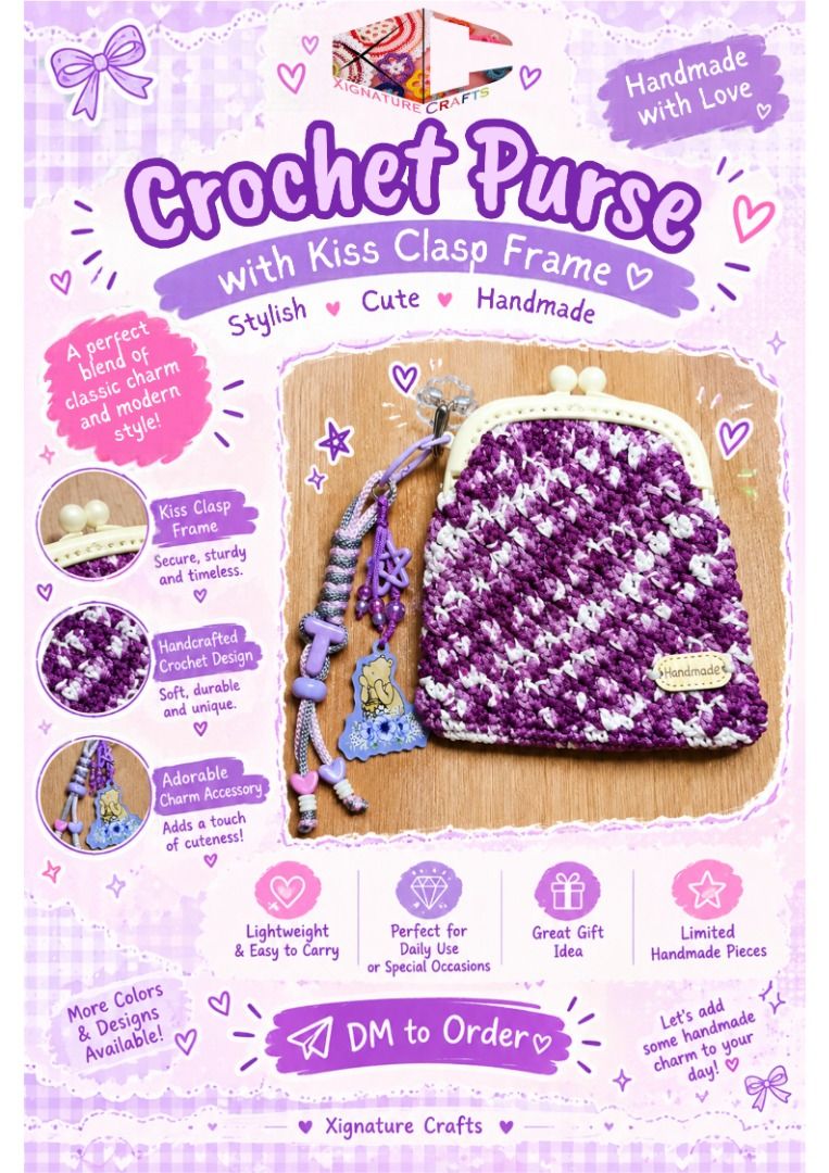 Crochet Purse (Category: Handmade Craft) located in Caloocan City. Submitted by xcrafts (Listing ID 1470557511, Image 2). Description: Can request for your specific color. Every item ordered will get a free dangling charm accessory.