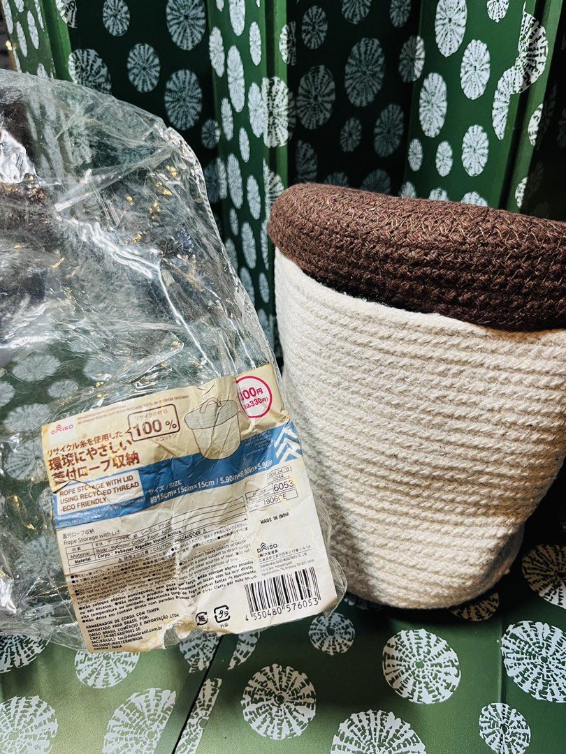 Daiso Rope Storage with Lid 15cm x 15cm (Category: Storage Boxes & Baskets) located in Malabon City. Submitted by mgsurplus (Listing ID 1470742079, Image 1). Description: - Brand: Daiso - Item: Rope storage basket with lid - Dimensions: 15cm x 15cm x 15cm - Material: Eco-friendly recycled thread (polyester, cotton, rayon, acrylic) - Color: Natural cream body with brown lid - Origin: Made in India - Condition: Brand new, still in original plastic 