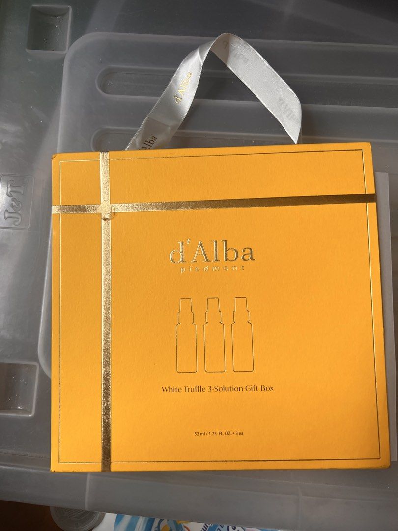 d'Alba White Truffle 3-Solution Gift Box (Category: Face Care) located in Manila. Submitted by maimaimai.store (Listing ID 1470680994, Image 2). Description: - Brand: d'Alba Piedmont - Item: White Truffle 3-Solution Gift Box - Condition: Brand new, unopened - Inclusions (52ml / 1.75 fl oz each): - Vital Spray Serum Soothing Solution - First Spray Serum Hydrate Solution - Refresh Aqua Serum Cooling Solution - Packaging: Bright yellow presentation 