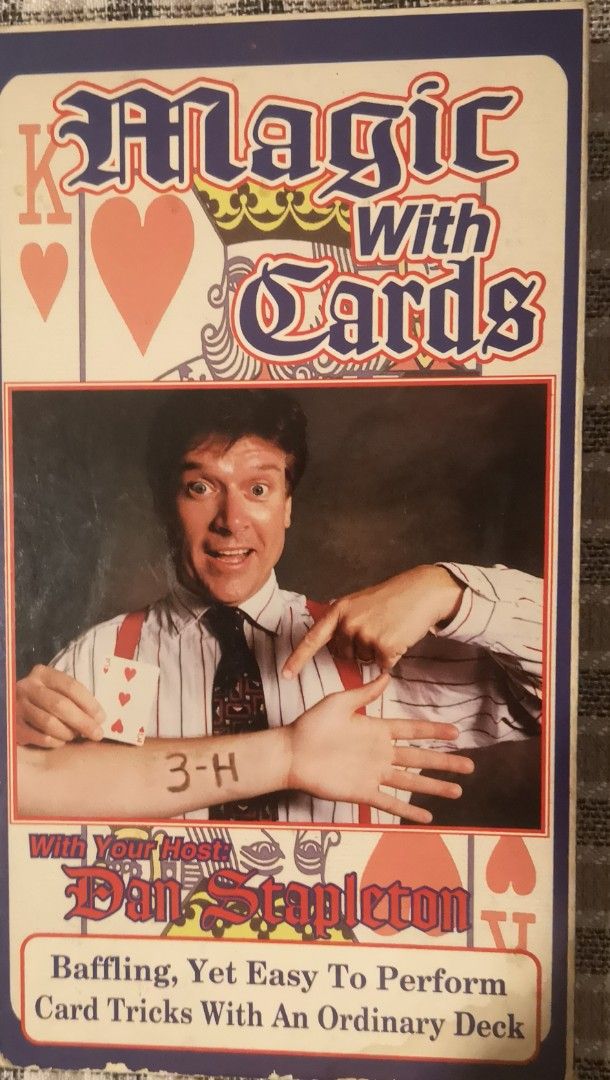 Dan Stapleton Presents Magic With Cards VHS Tape (Category: Vintage Collectibles) located in Quezon City. Submitted by dhanie.barican (Listing ID 1470717998, Image 1). Description: - Title: Magic With Cards VHS hosted by Dan Stapleton - Content: Learn baffling yet easy-to-perform card tricks using an ordinary deck - Release Year: 1998 by CC Video Productions - Condition/Includes: Original cardboard slipcase and tape with custom label - Ideal For: