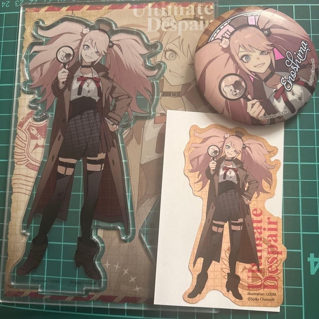 Danganronpa Junko Enoshima Set (Category: J-Wave Merchandise) located in Santa Cruz. Submitted by majaful1997 (Listing ID 1470734908, Image 1). Description: - Official Danganronpa merchandise bundle - Features the iconic Ultimate Despair, Junko Enoshima - Includes a large acrylic standee with base, pin badge, and die-cut sticker - ETA: DECEMBER 2026.