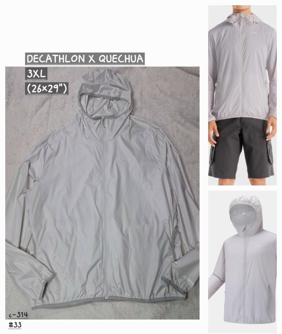 Decathlon x quechua UV PROTECT WINDBREAKER JACKET (Category: Coats, Jackets and Outerwear) located in Baguio. Submitted by mishmashfritz (Listing ID 1470599484, Image 1). Description: Euc, needs wash, thrifted, slight stain, 3xl on tag pwede sa XXL, GRAY, MEN'S, uv/ Sun protect.