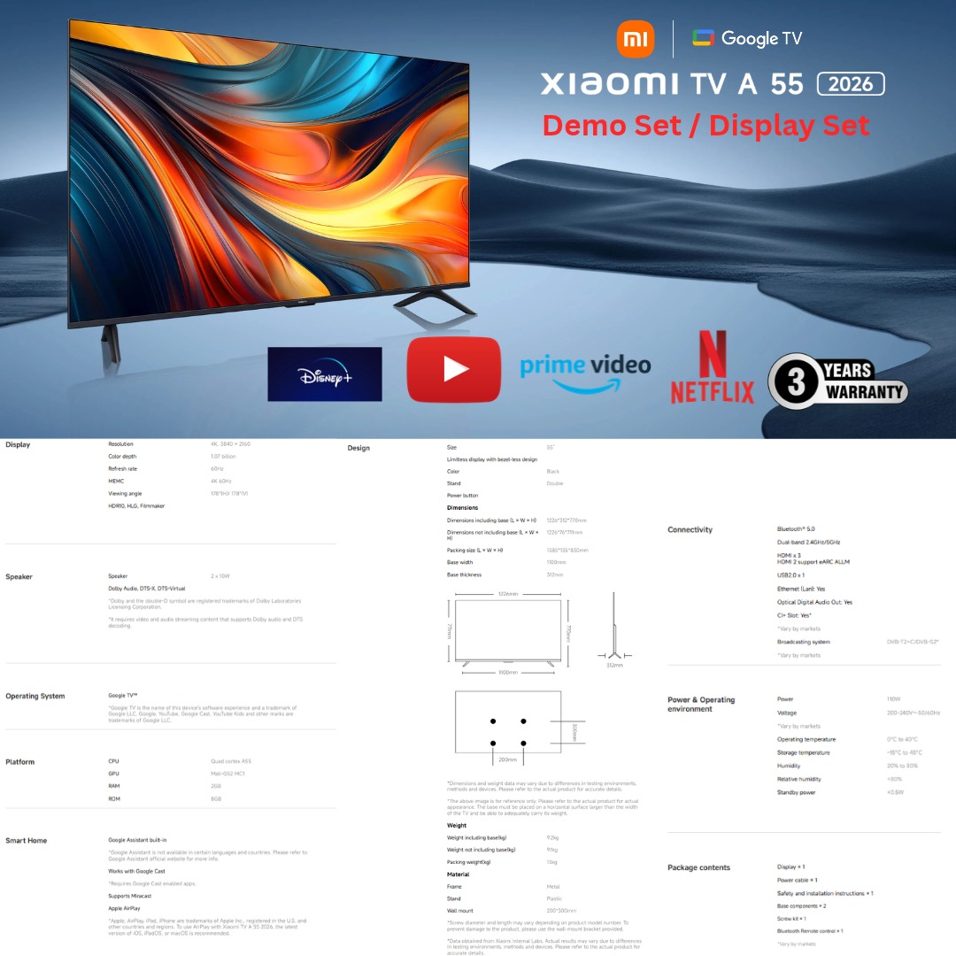 Demo Set 3 Years on-site Warranty - Xiaomi Google TV A 55 2026 Smart Tv ...