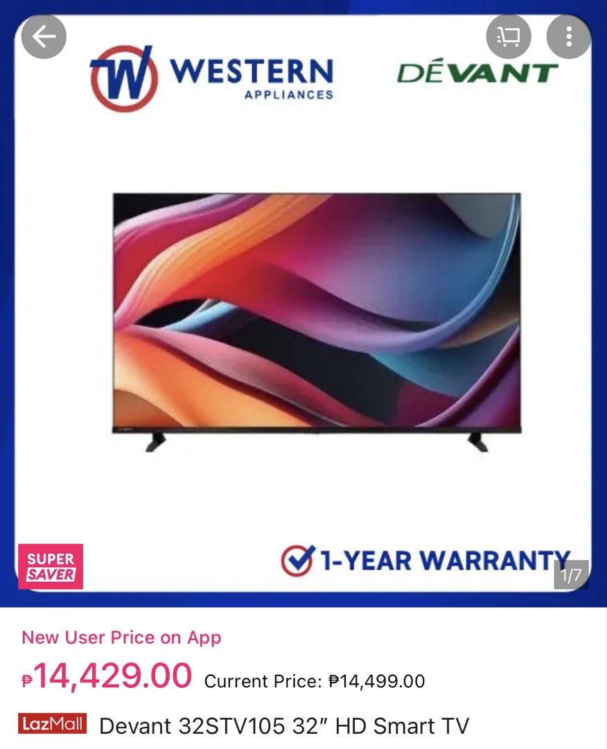 Devant 32STV105 32" HD Smart TV (Category: TV) located in Taguig. Submitted by booptiboop (Listing ID 1470647543, Image 1). Description: - Brand: Devant - Model: 32STV105 - Size: 32 inches HD screen (ideal for bedrooms or living rooms) - Features: Built-in Smart TV functionality - Warranty: 1-year warranty included from Western Appliances - Condition: Brand new, straight from the online store listing.