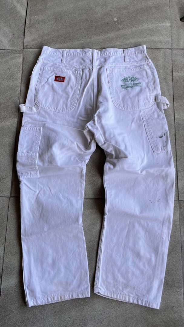Dickies White Paint Splatter Carpenter Pants Puhi Paint (Category: Jeans) located in Cabuyao City. Submitted by bulandos (Listing ID 1470656840, Image 1). Description: - Authentic Dickies white painter utility pants - Features custom Puhi Paint logo print on the back pocket - Genuine paint splatters and stains for an authentic worn-in look - Classic carpenter style complete with hammer loop and tool pockets - Made from heavy-duty cotton canvas - 