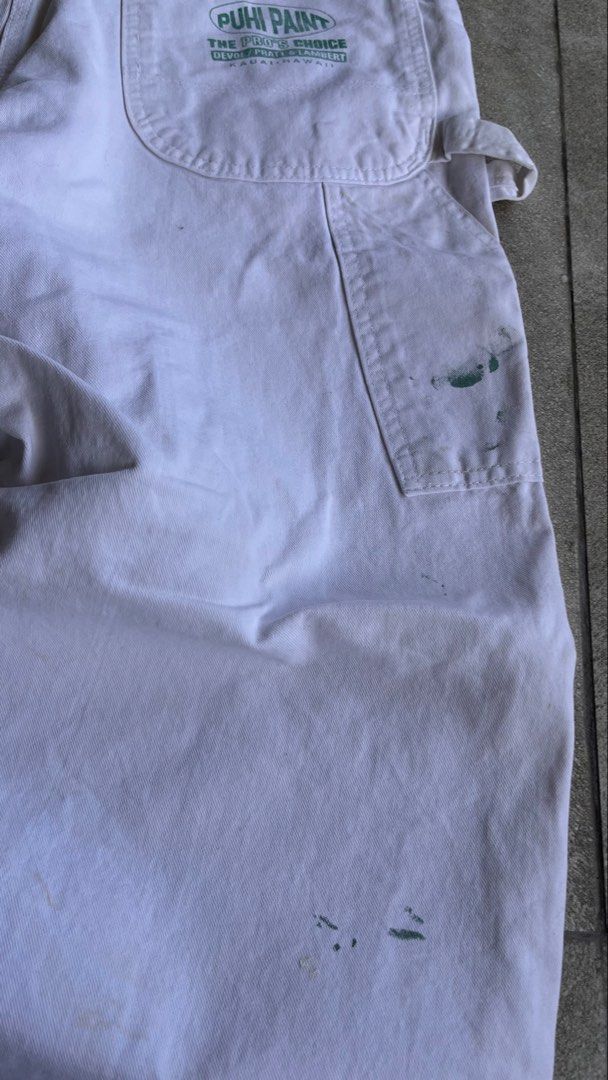 Dickies White Paint Splatter Carpenter Pants Puhi Paint (Category: Jeans) located in Cabuyao City. Submitted by bulandos (Listing ID 1470656840, Image 3). Description: - Authentic Dickies white painter utility pants - Features custom Puhi Paint logo print on the back pocket - Genuine paint splatters and stains for an authentic worn-in look - Classic carpenter style complete with hammer loop and tool pockets - Made from heavy-duty cotton canvas - 