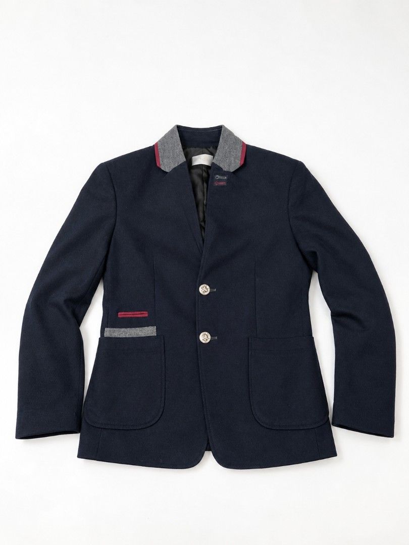Dior Homme Wool Blend Blazer Jacket Navy Size M (Category: Coats, Jackets and Outerwear) located in Urdaneta. Submitted by goldeneagle-e662 (Listing ID 1470651279, Image 1). Description: - Brand: Dior Homme - Color: Navy blue with grey and red collar contrast - Size: Medium (Made in Italy) - Material: Premium wool, nylon, and cashmere blend - Details: Iconic gold bee logo engraved buttons - Pockets: Two front patch pockets and one chest pocket - 