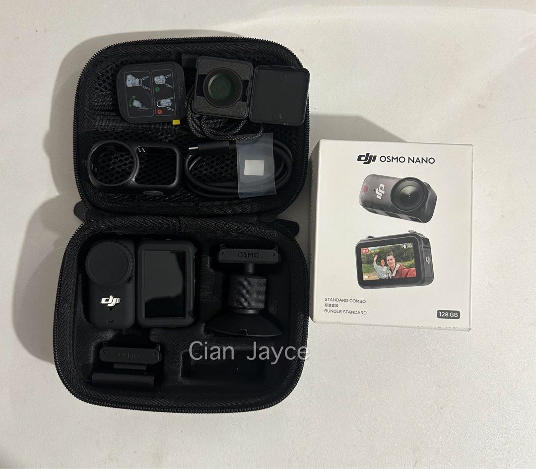 DJI Osmo Nano Standard Combo 128GB (Category: Video Cameras) located in Taytay. Submitted by jc.cruz03 (Listing ID 1470570645, Image 1). Description: - Item: DJI Osmo Nano Standard Combo - Storage: 128GB - Inclusions: Carrying case, protective cases, charging cable, lens filters, and mounting accessories - Packaging: Original retail box included - Portability: All items pack neatly into a fitted zipper case for easy travel - Condition: Complete s