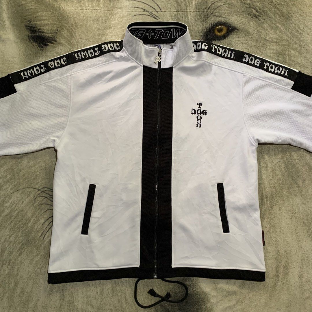 Dog Town 90s Track Jacket (Category: Coats, Jackets and Outerwear) located in Bulacan. Submitted by puronghustlin (Listing ID 1470599248, Image 2). Description: Brand: Dogtown Skateboards Style: Full-Zip Track Jacket / Track Top Colorway: White / Black Condition: Excellent vintage condition with normal light wear. Graphics and details are crisp and clear. Rare Vintage Dogtown Skateboards Full Zip Track Jacket - "The Copy Makers Will Be Shot!".