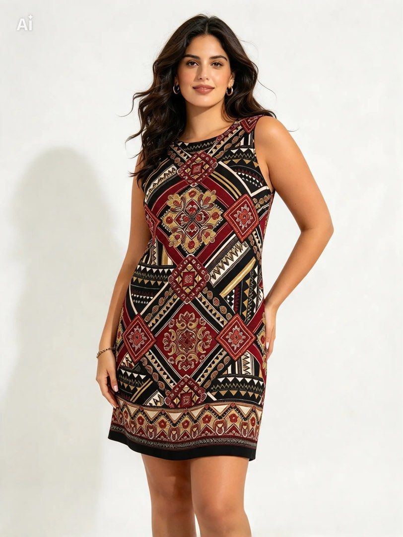 DOROTHY PERKINS (Category: Dresses) located in Davao. Submitted by sart0ria85 (Listing ID 1470628035, Image 2). Description: A sleeveless dress in a bold geometric and paisley print. Burgundy, black, yellow, and white colorway. Lightweight fabric with a smooth drape. Round neckline and back zip closure. Hits around knee length. 100% VISCOSE MADE IN TURKIYE 🇹🇷 MEDIUM. Size 6 EXCELLENT CONDITION (98/100).