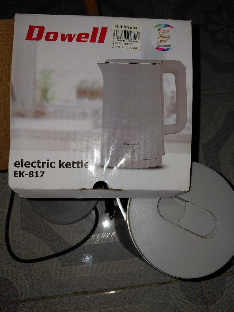 Dowell Electric Kettle EK-817 1.8L (Category: Kettles & Airpots) located in Manila. Submitted by raestheticsells (Listing ID 1470701986, Image 2). Description: - Brand/Model: Dowell Electric Kettle EK-817 - Color: Light Grey - Condition: Used, fully functional, with some mineral buildup and stains on the interior heating plate (check photos, bought just last march 2026) - Inclusions: Comes with the original power base and original box with retail