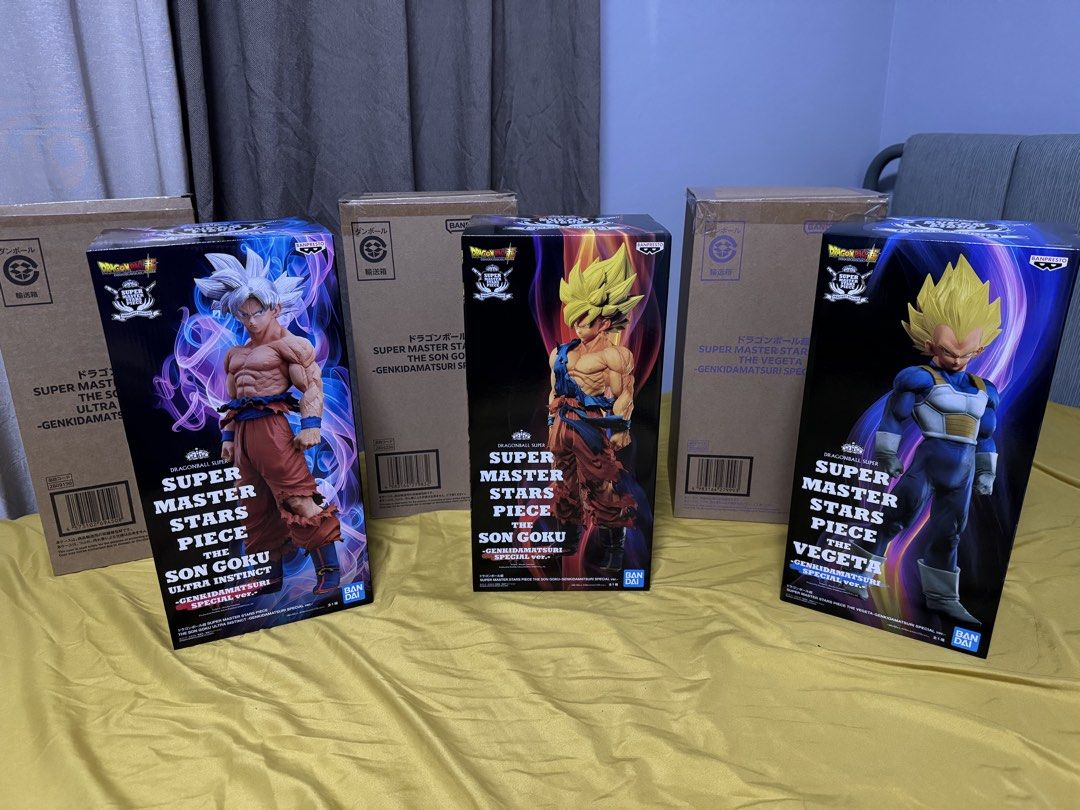 Dragon Ball Super Super Master Stars Piece Figures (Category: Figurines & Statues) located in Caloocan City. Submitted by bertcrz (Listing ID 1470735232, Image 1). Description: - Authentic Banpresto Dragon Ball Super figures imported directly from Japan - Rare collector set includes 3 iconic figures: * Super Master Stars Piece The Son Goku Ultra Instinct- MISB * Super Son Goku SSJ - MISB * The Vegeta Genkidamatsuri Special - MIB - Original brown 