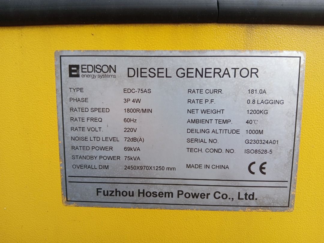 2nd Hand Diesel Generator (Category: Construction Tools & Equipment) located in Quezon City. Submitted by ladybern (Listing ID 1470663104, Image 3). Description: - Brand/Model: Edison Energy Systems EDC-75AS (Mfg by Fuzhou Hosem Power) - Power Output: 68kVA Rated / 75kVA Standby - Electrical Specs: 3 Phase 4 Wire, 60 Hz, 220V, 181.0A, 0.8 Lagging PF - Engine Speed: 1800 RPM - Dimensions & Weight: 2450 x 950 x 1250 mm, 1200 kg - Build & ID: Yellow