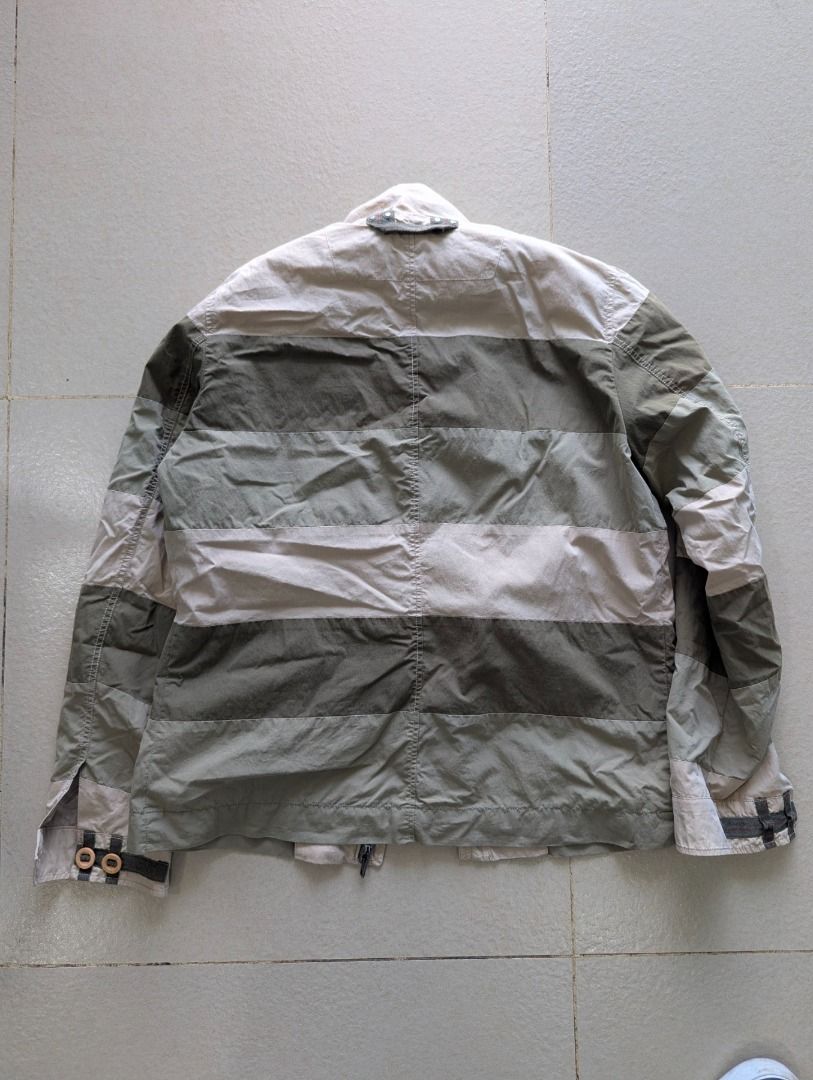 Elle Outdoor Striped Zip-Up Jacket Size 100 (Category: Coats, Jackets and Outerwear) located in General Santos City (Dadiangas). Submitted by mobius_stitch (Listing ID 1470674993, Image 2). Description: - Brand/Model: Elle Outdoor Jacket - Color: Beige and olive green with horizontal stripes - Size: 100 (Tag size) - Material: Mixed cotton and nylon blend - Details: Full zip closure, stand collar, front flap pockets, shoulder epaulets - Condition: