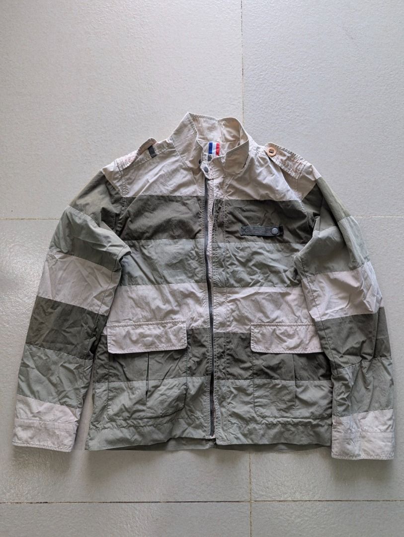 Elle Outdoor Striped Zip-Up Jacket Size 100 (Category: Coats, Jackets and Outerwear) located in General Santos City (Dadiangas). Submitted by mobius_stitch (Listing ID 1470674993, Image 1). Description: - Brand/Model: Elle Outdoor Jacket - Color: Beige and olive green with horizontal stripes - Size: 100 (Tag size) - Material: Mixed cotton and nylon blend - Details: Full zip closure, stand collar, front flap pockets, shoulder epaulets - Condition: