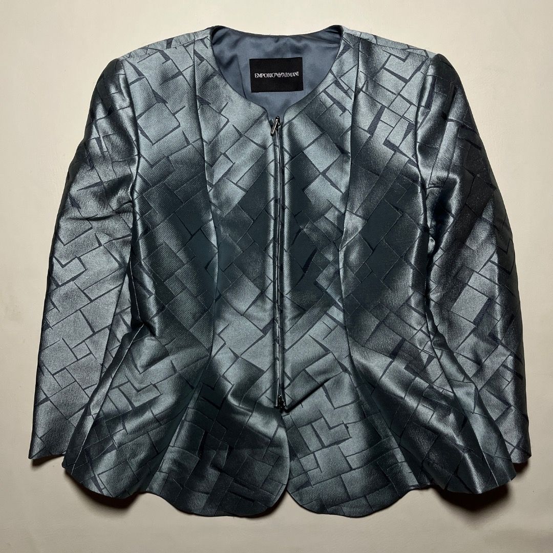 Emporio Armani Grey Geometric Pattern Zip Jacket (Category: Coats, Jackets and Outerwear) located in Caloocan City. Submitted by achilles_grails (Listing ID 1470728056, Image 1). Description: - Brand: Emporio Armani - Color/Pattern: Grey with geometric pattern - Size: EU 38 - Material: Polyester and polyamide blend - Origin: Made in Romania - Features: Full front zip closure, structured silhouette, smooth inner lining - Condition: Clean, excellen
