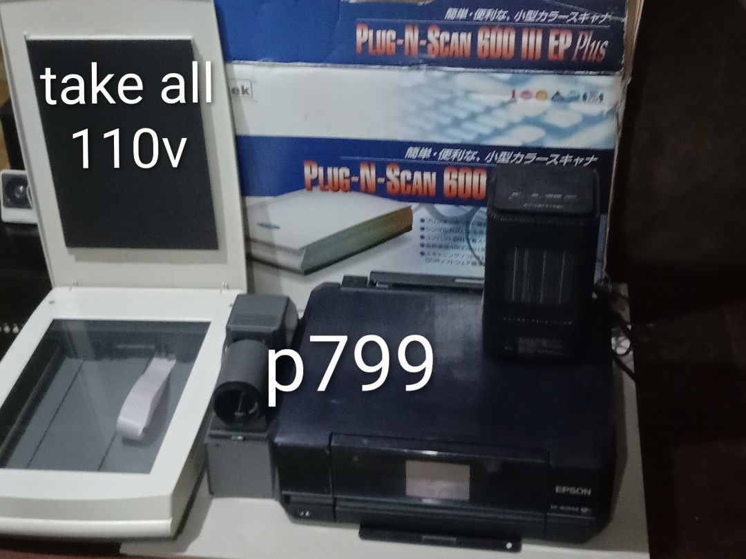 Epson printer scanner bundle 110v (Category: Printers, Scanners & Copiers) located in Manila. Submitted by redvincent01640 (Listing ID 1470586298, Image 1). Description: - Take-all bundle deal for only ₱799 - Includes Epson EP-806AB printer, scanner, and other electronics as seen in photos - Power requirement: 110v - Condition: Used, sold as-is - Please check photos for exact inclusions and item conditions.