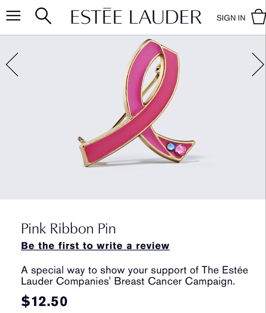 Estee Lauder Pink Ribbon Pin (Category: Accessory Holder, Box & Organizers) located in Paranaque City. Submitted by PrelovedClosetetc (Listing ID 1470603302, Image 1). Description: A Pink Ribbon Pin to show your support in the fight against breast cancer. .