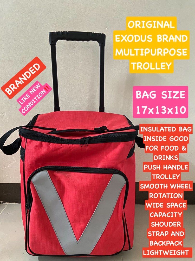 Exodus EX.48 Multipurpose Roller Trolley Bag Red (Category: Backpacks) located in Valenzuela. Submitted by se_japansurplus (Listing ID 1470686367, Image 1). Description: 🔥🔥NEW ARRIVAL🔥🔥 ⚡️⚡️SALE ⚡️⚡️ 📍ORIGINAL EXODUS BRAND MULTIPURPOSE TROLLEY BAG📍 📌CAN BE USE AS EMERGENCY BAG TROLLEY 📌PUSH HANDLE TROLLEY 📌SMOOTH WHEELS ROTATION 📌INSULATED BAG INSIDE FOR FOOD & WATER STORAGE 📌WIDE SPACE CAPACITY 📌SHOULDER STRAP & BACKPACK NO ISSUE ‼️ 