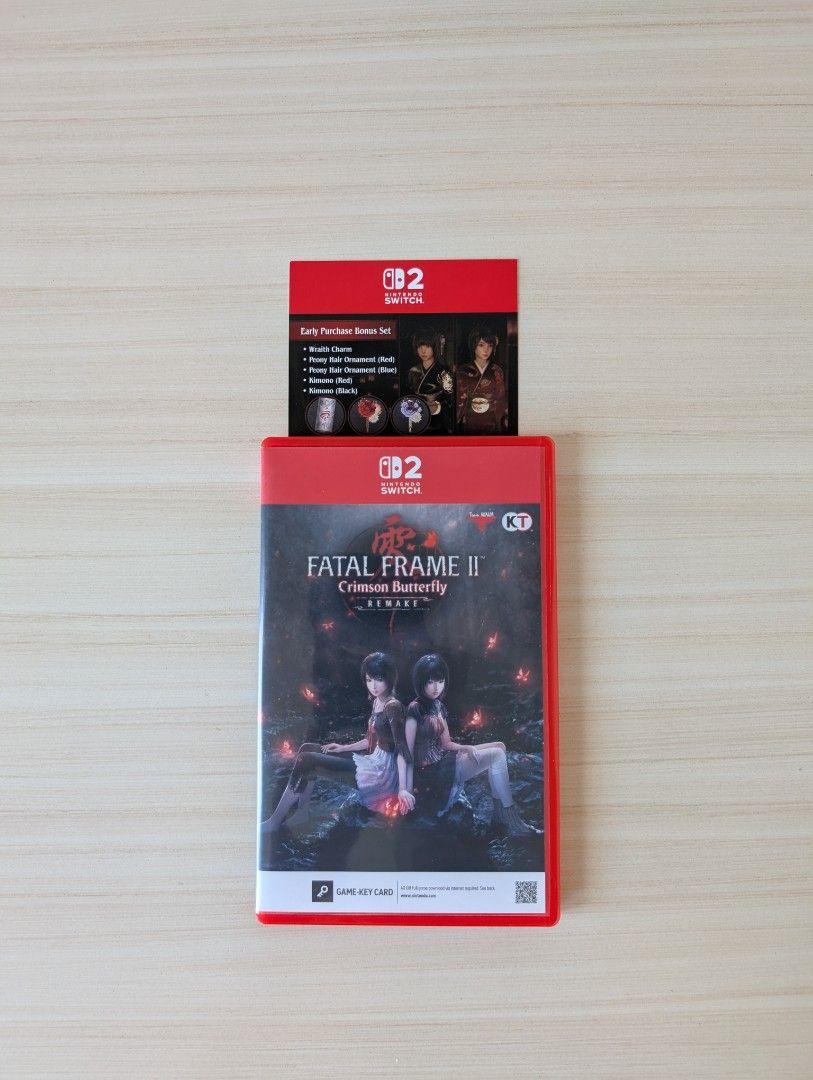 Fatal Frame II Crimson Butterfly Remake Nintendo Switch 2 (Category: Nintendo) located in Paranaque City. Submitted by midcast18 (Listing ID 1470565499, Image 1). Description: Game: Fatal Frame 2 Remake Platform: Nintendo Switch 2 Includes: Unredeemed early purchase bonus set (wraith charm, peony hair ornaments, and kimonos) Condition: Case and cartridge are in excellent condition.