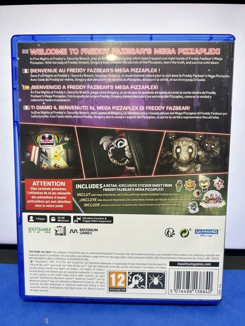 Five Nights at Freddy's Security Breach PS5 Game (Category: PlayStation) located in Makati City. Submitted by madmarycash (Listing ID 1470693289, Image 3). Description: - Platform: PlayStation 5 (Physical Game Disc) - Title: Five Nights at Freddy's Security Breach - Rating: PEGI 12 - Condition: Clean case and disc, tested and ready to play .