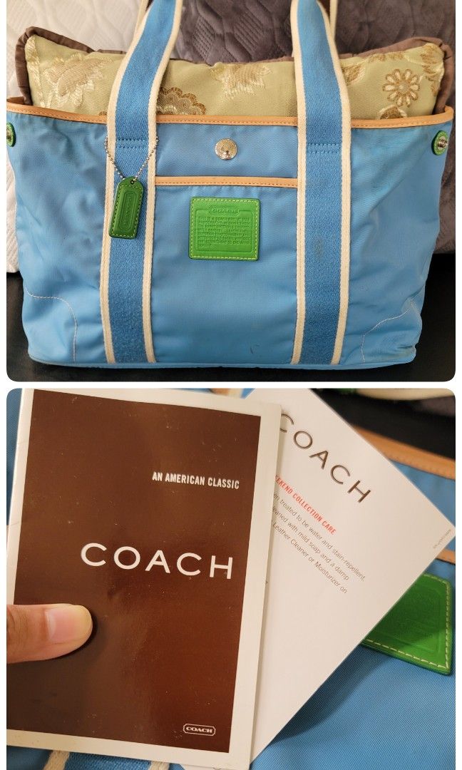 FIXED PRICE! Preloved Coach Hampton Reversible Bag (see description) (Category: Luxury Bags & Wallets) located in Quezon City. Submitted by justdeclutter_ (Listing ID 1470587099, Image 1). Description: Preloved, personally owned, store bought from US Reversible bag With care card No major flaws, minimal bubbles, needs deep cleaning, nastuck sa closet Bawal sa maarte This Coach #6268 Mini Hampton Sky Blue Tote Bag is perfect for a casual occasion.